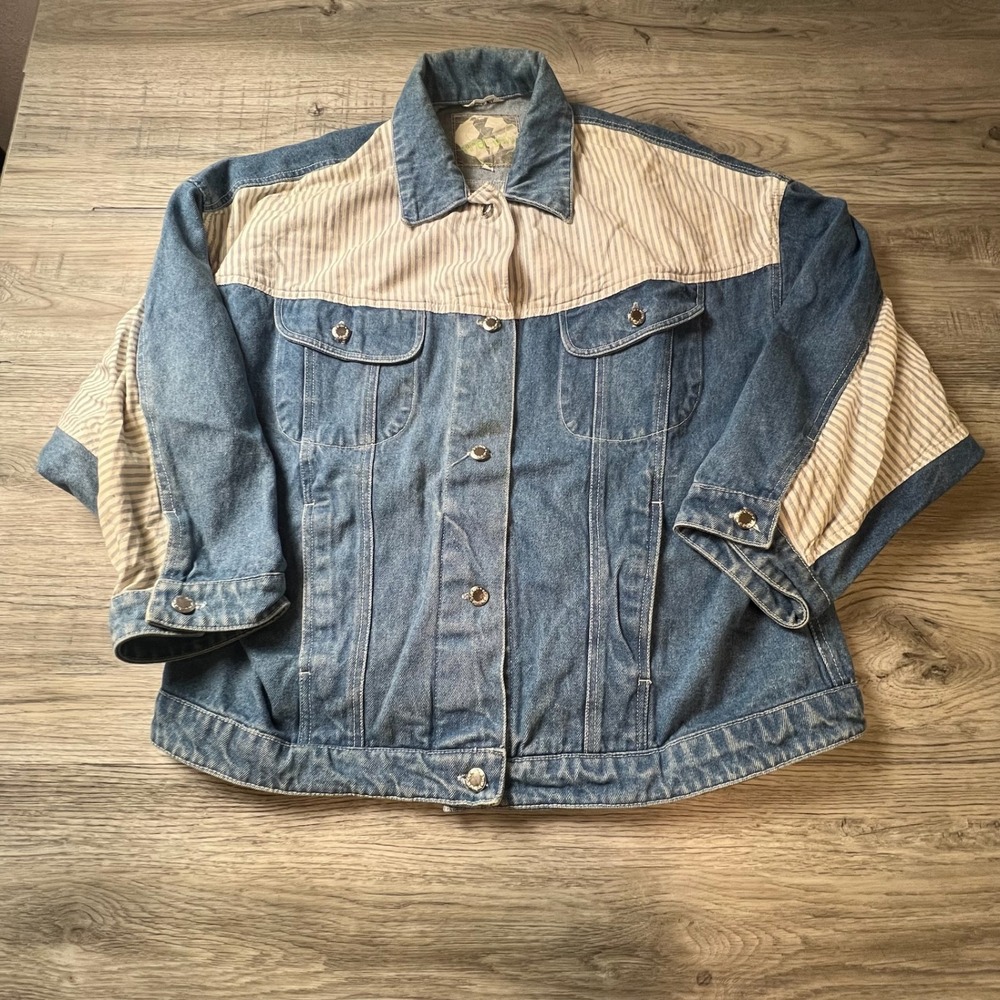 Inner View Denim Jacket Women Large Blue Striped Mixed Media Vintage 90s Trucker